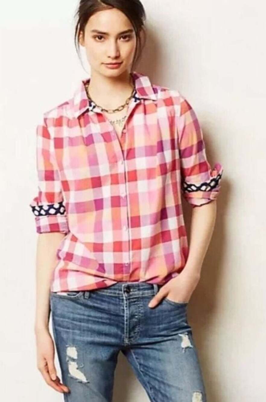 Anthropologie Isabella Sinclair Plaid Button Down Top Pink Size M